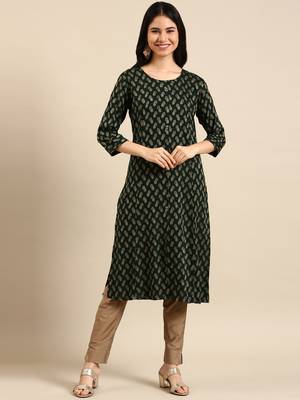 women's calf length round neck green woven design straight kurta 1