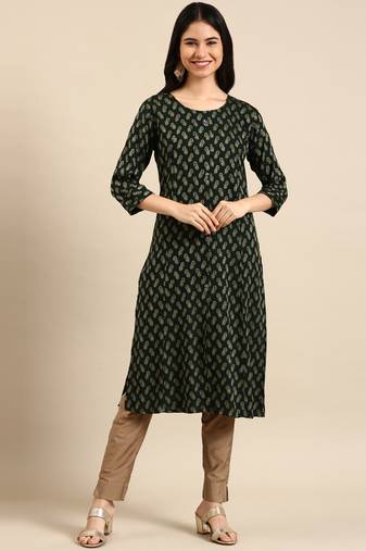 women's calf length round neck green woven design straight kurta