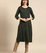 women's calf length round neck green woven design straight kurta