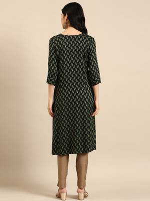 women's calf length round neck green woven design straight kurta 5