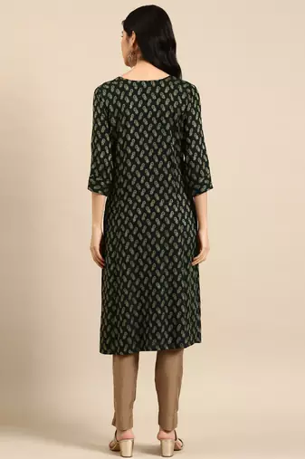 women's calf length round neck green woven design straight kurta