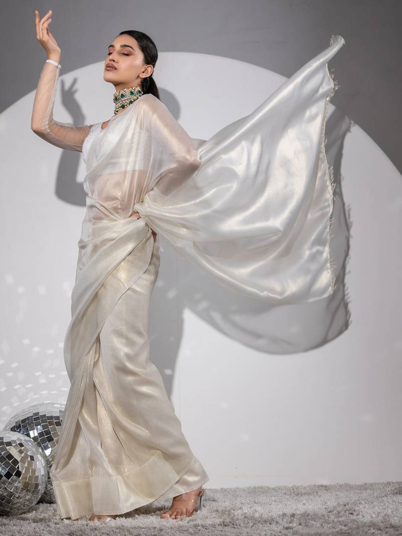 Perfect Celebration Shiny Organza Saree With Shimmering Jhumkas/Latkan With Matching Blouse.