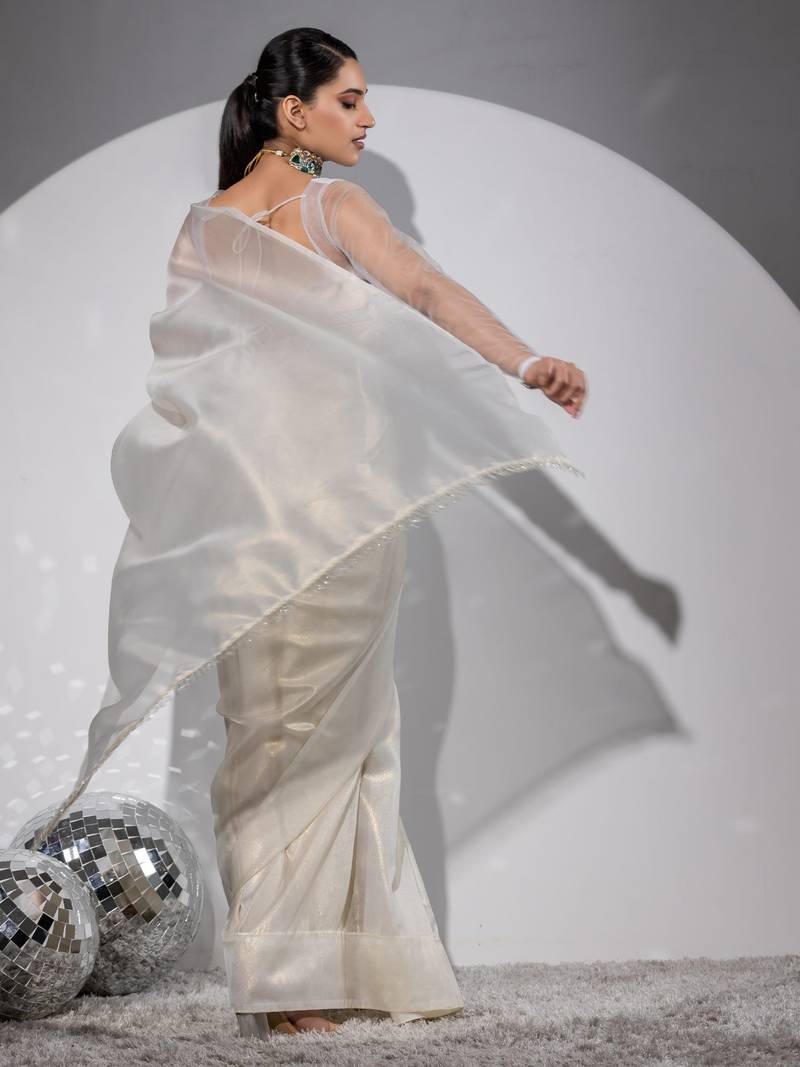 Perfect Celebration Shiny Organza Saree With Shimmering Jhumkas/Latkan With Matching Blouse.