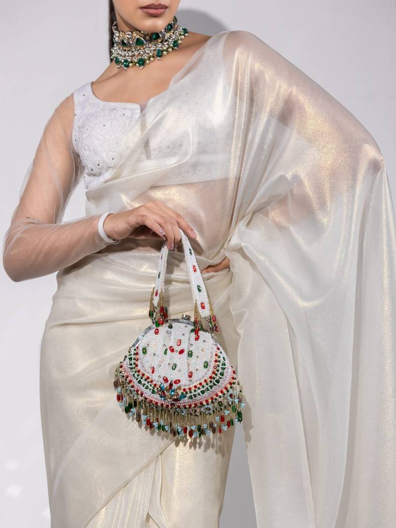 Perfect Celebration Shiny Organza Saree With Shimmering Jhumkas/Latkan With Matching Blouse.