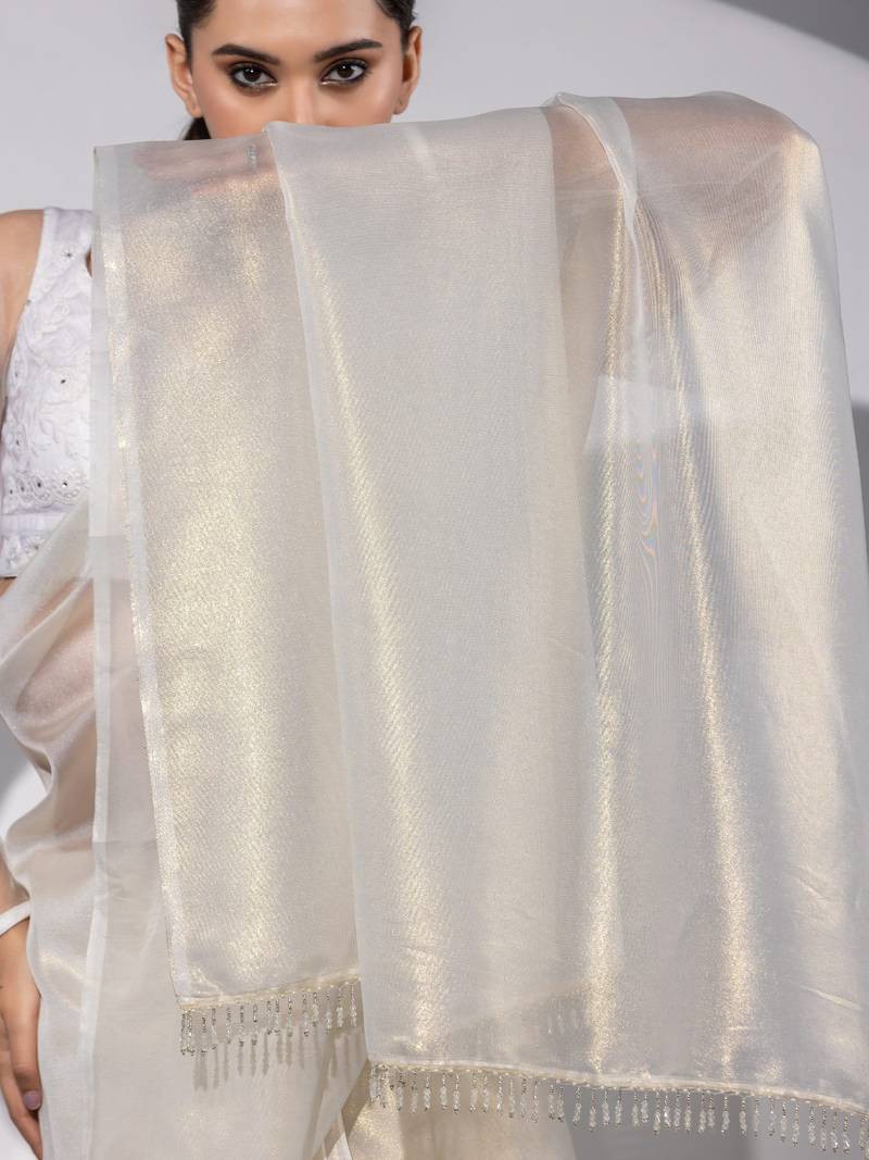 Perfect Celebration Shiny Organza Saree With Shimmering Jhumkas/Latkan With Matching Blouse.