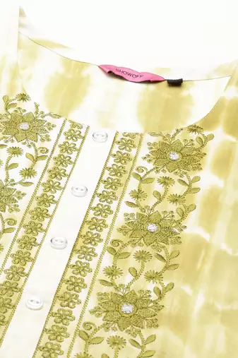 women's calf length round neck olive abstract straight kurta