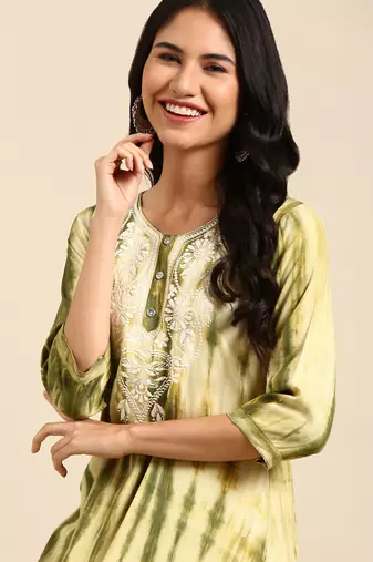 women's calf length round neck olive abstract straight kurta