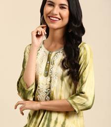 women's calf length round neck olive abstract straight kurta