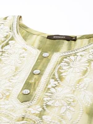 women's calf length round neck olive abstract straight kurta 3