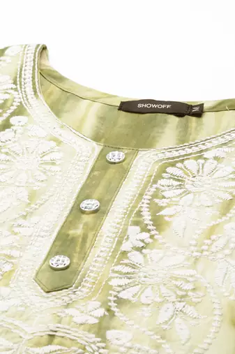 women's calf length round neck olive abstract straight kurta