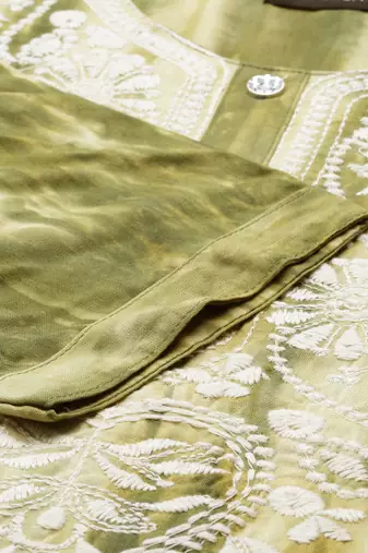 women's calf length round neck olive abstract straight kurta