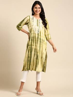 women's calf length round neck olive abstract straight kurta 1