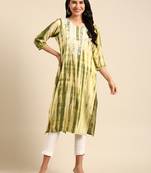 women's calf length round neck olive abstract straight kurta