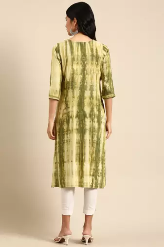 women's calf length round neck olive abstract straight kurta