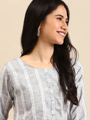 women's calf length round neck grey woven design straight kurta 2