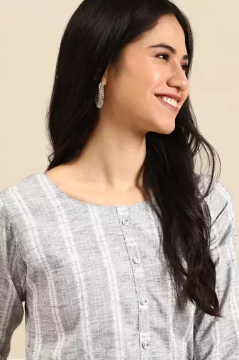 women's calf length round neck grey woven design straight kurta