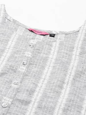 women's calf length round neck grey woven design straight kurta 3