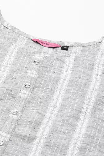 women's calf length round neck grey woven design straight kurta