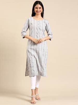 women's calf length round neck grey woven design straight kurta 1