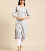 women's calf length round neck grey woven design straight kurta