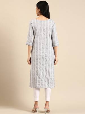 women's calf length round neck grey woven design straight kurta 5