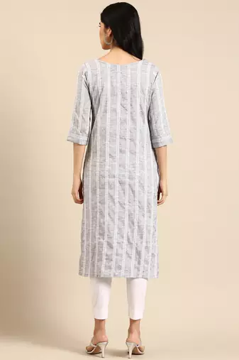 women's calf length round neck grey woven design straight kurta