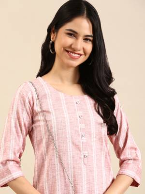 women's calf length round neck peach woven design straight kurta 2