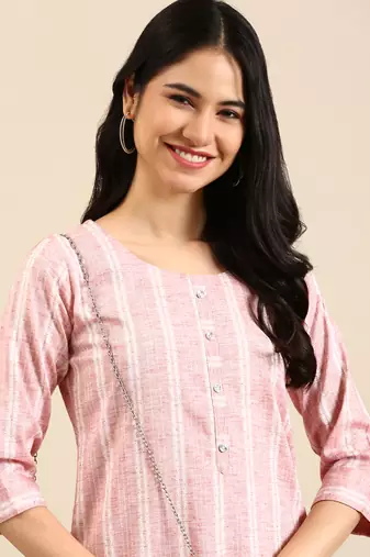 women's calf length round neck peach woven design straight kurta