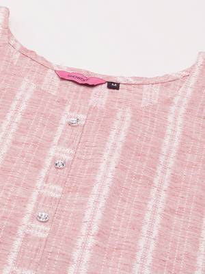 women's calf length round neck peach woven design straight kurta 3