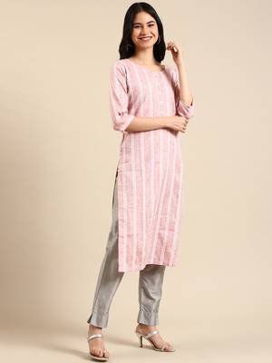 women's calf length round neck peach woven design straight kurta 1