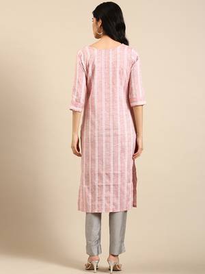 women's calf length round neck peach woven design straight kurta 5