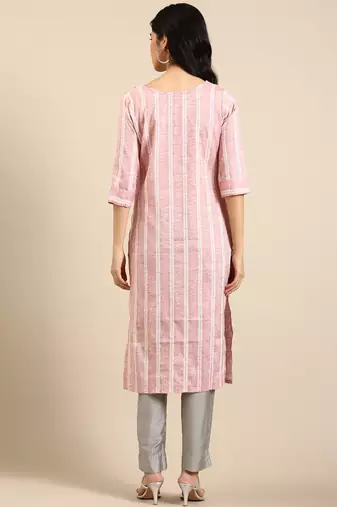 women's calf length round neck peach woven design straight kurta
