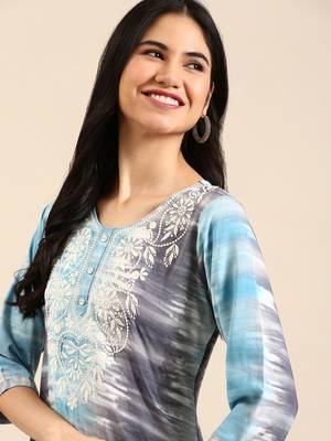 women's calf length round neck blue abstract straight kurta 2