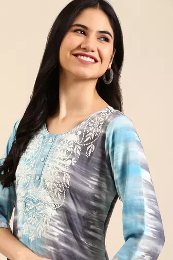 women's calf length round neck blue abstract straight kurta