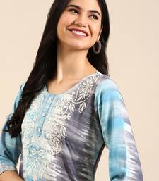 women's calf length round neck blue abstract straight kurta