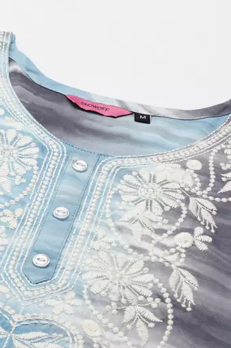 women's calf length round neck blue abstract straight kurta
