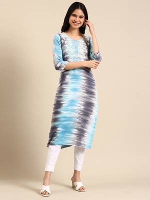 women's calf length round neck blue abstract straight kurta 1