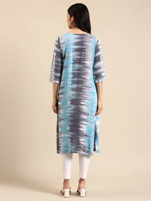 women's calf length round neck blue abstract straight kurta 5