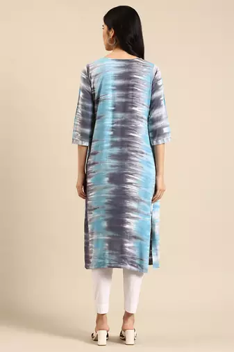 women's calf length round neck blue abstract straight kurta