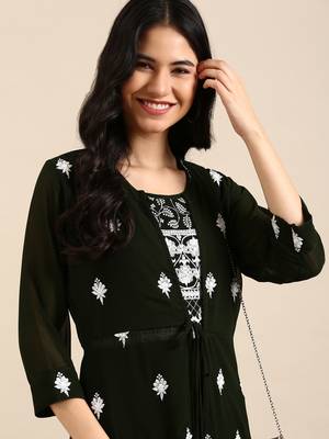 women's ankle length round neck olive embellished a-line kurta 2
