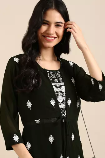 women's ankle length round neck olive embellished a-line kurta