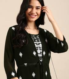 women's ankle length round neck olive embellished a-line kurta