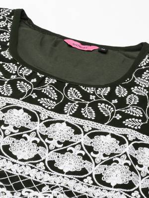 women's ankle length round neck olive embellished a-line kurta 4