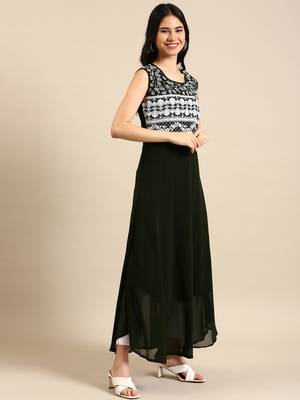women's ankle length round neck olive embellished a-line kurta 1