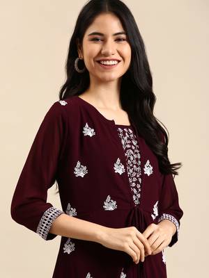 women's ankle length round neck burgundy embellished a-line kurta 2