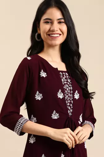 women's ankle length round neck burgundy embellished a-line kurta
