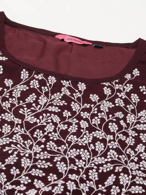women's ankle length round neck burgundy embellished a-line kurta 3