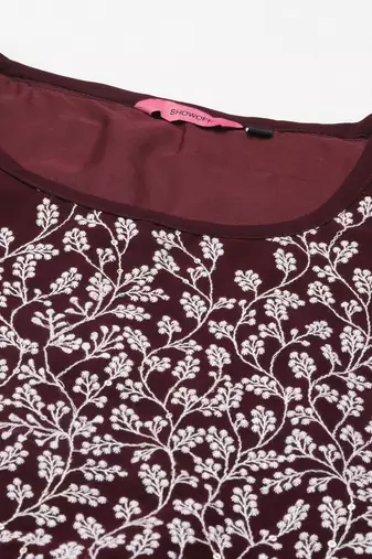 women's ankle length round neck burgundy embellished a-line kurta