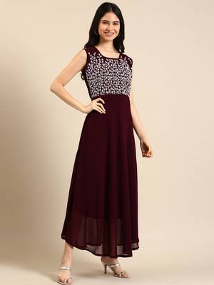 women's ankle length round neck burgundy embellished a-line kurta 1