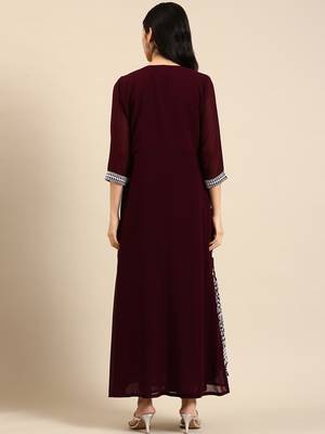women's ankle length round neck burgundy embellished a-line kurta 5